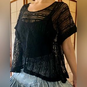Free people black lace overlay peasant shirt sleeve top blouse
